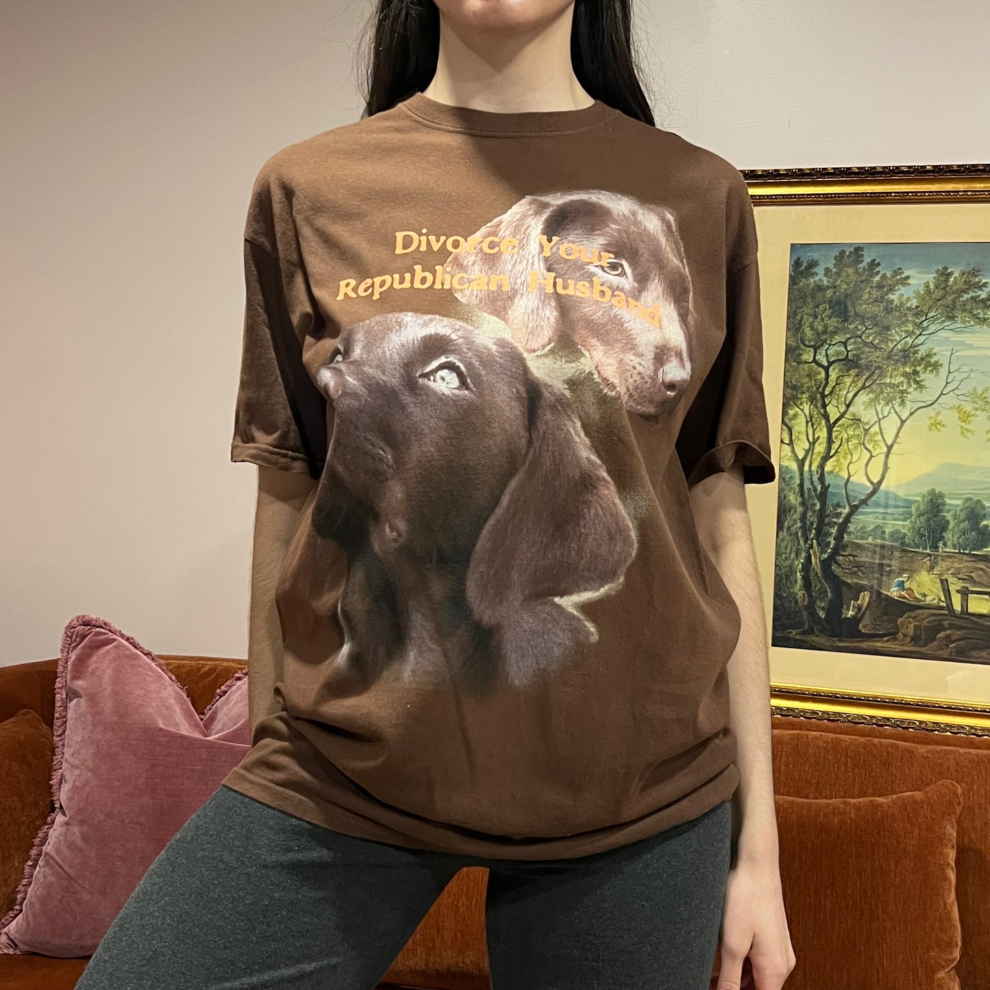 DIVORCE YOUR REPUBLICAN HUSBAND animal t-shirt with orange text (L)