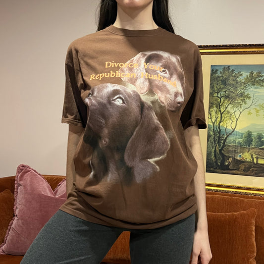 DIVORCE YOUR REPUBLICAN HUSBAND animal t-shirt with orange text (L)