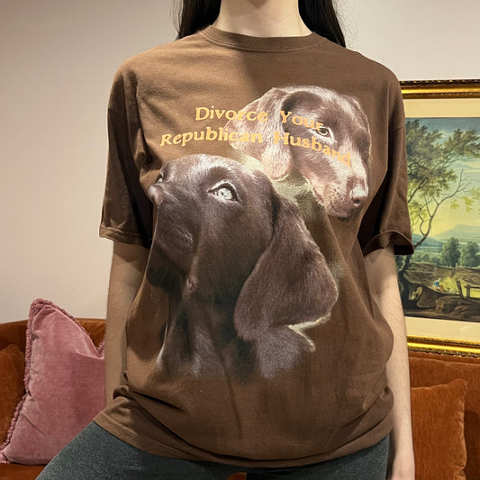 DIVORCE YOUR REPUBLICAN HUSBAND animal t-shirt with orange text (L)