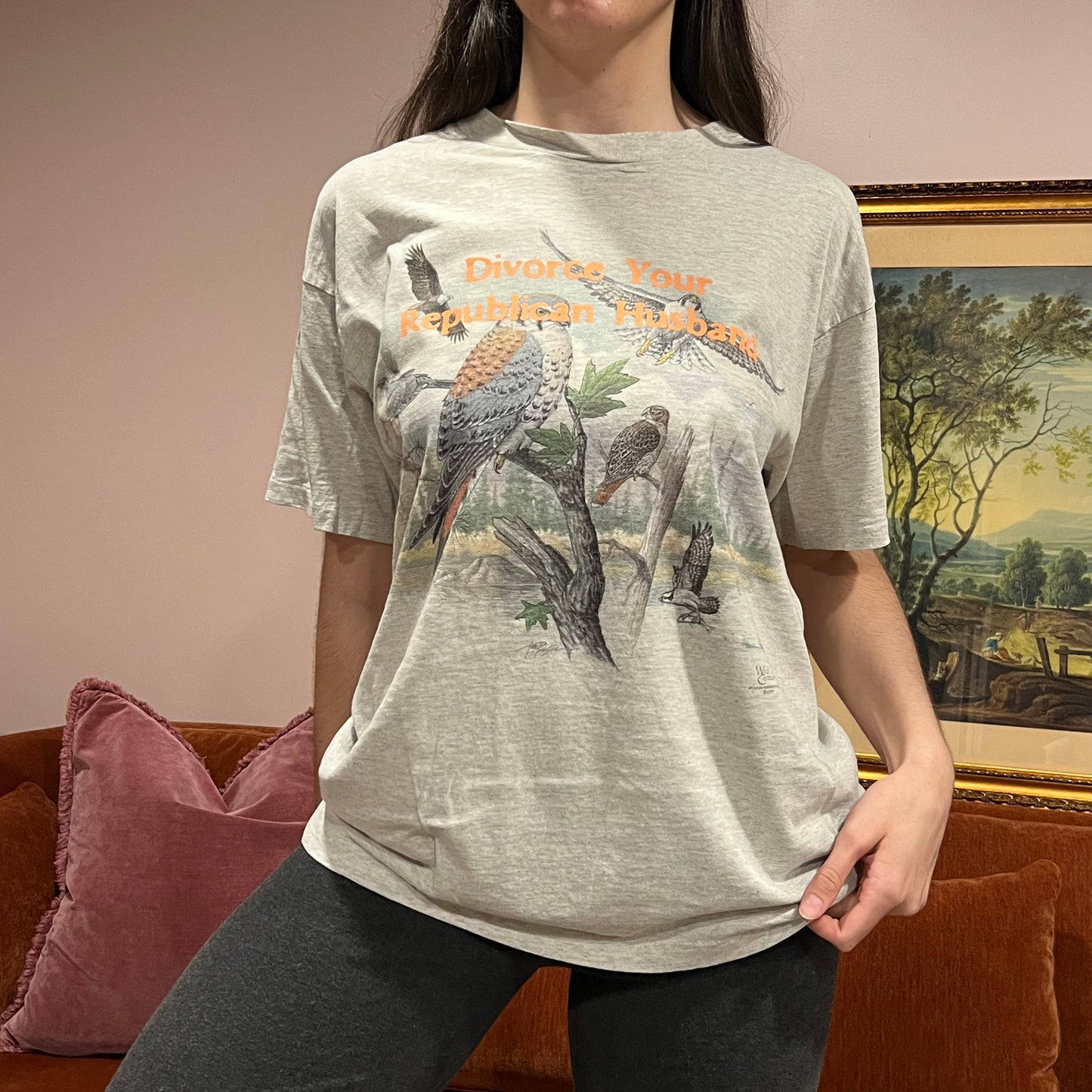 DIVORCE YOUR REPUBLICAN HUSBAND animal t-shirt with orange text (L)