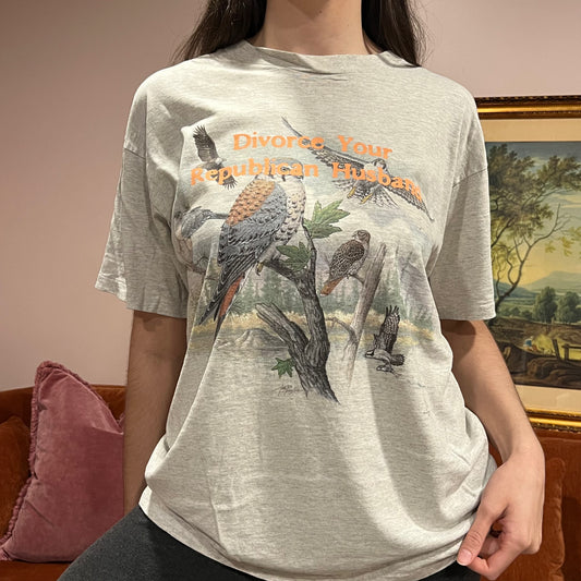 DIVORCE YOUR REPUBLICAN HUSBAND animal t-shirt with orange text (L)