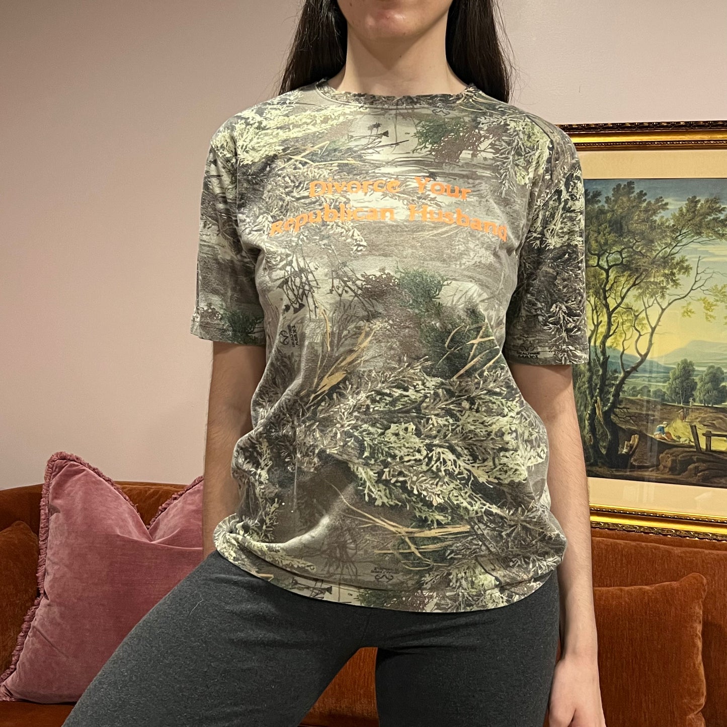 DIVORCE YOUR REPUBLICAN HUSBAND camo t-shirt with orange text (S)