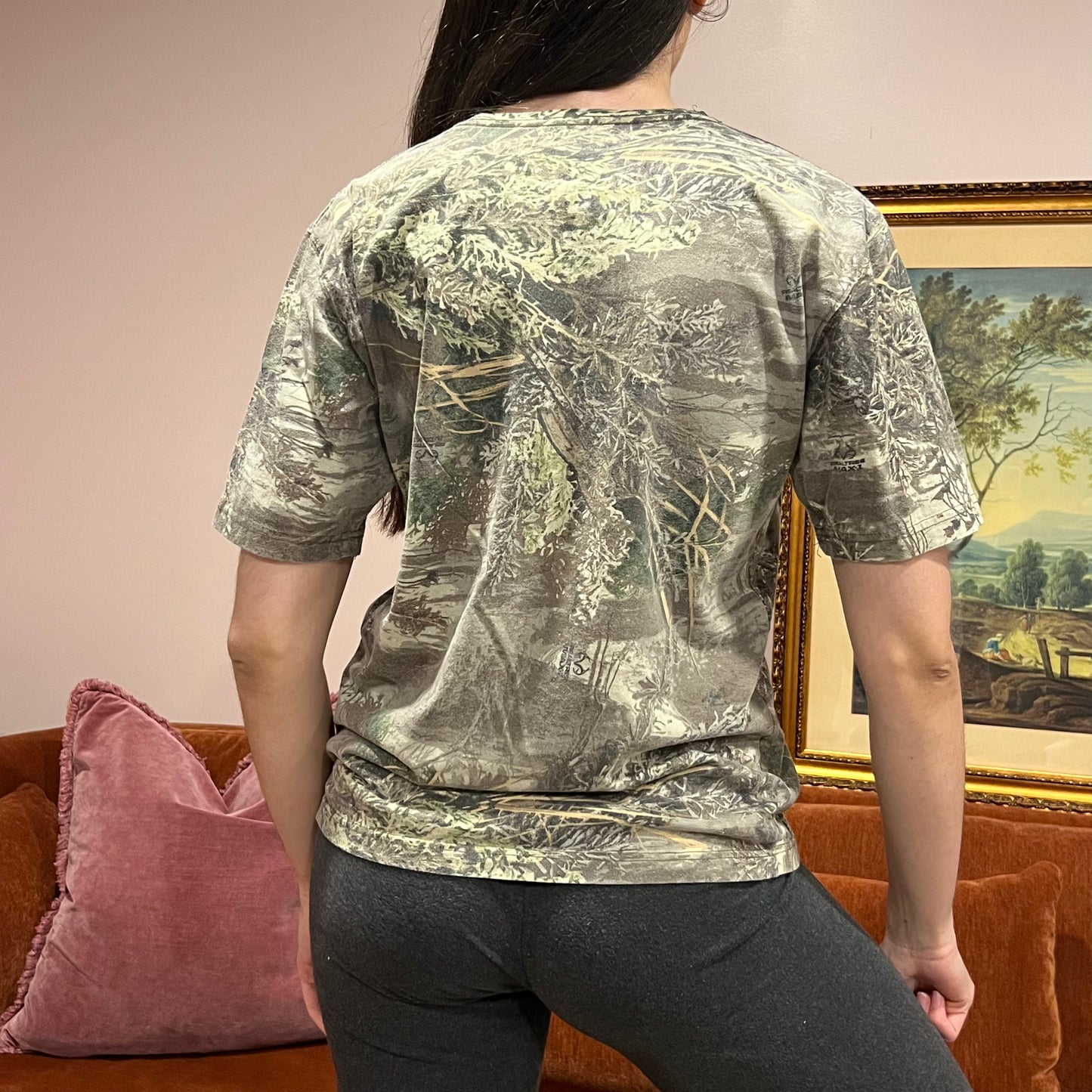 DIVORCE YOUR REPUBLICAN HUSBAND camo t-shirt with orange text (S)