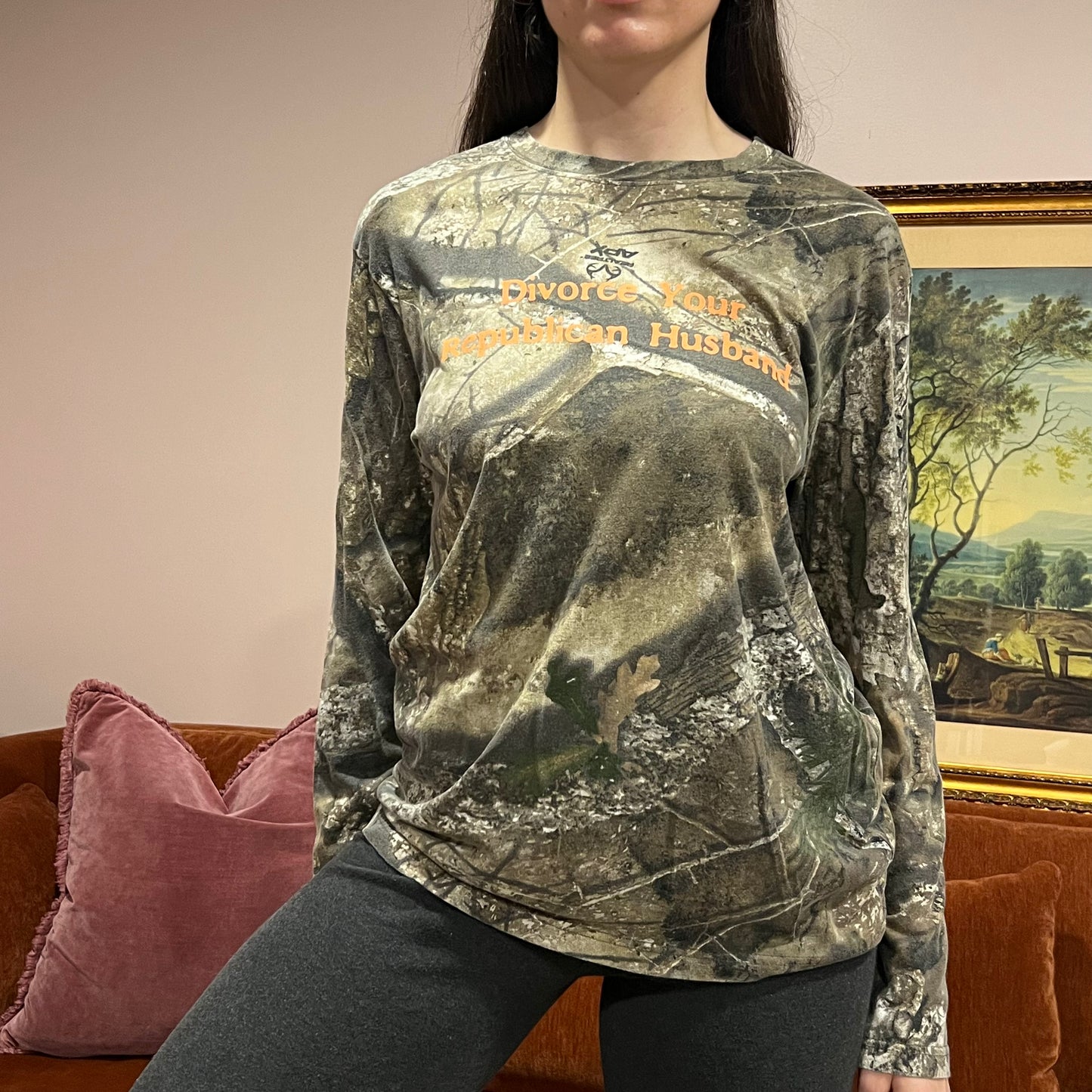 DIVORCE YOUR REPUBLICAN HUSBAND camo long sleeve t-shirt with orange text (M)