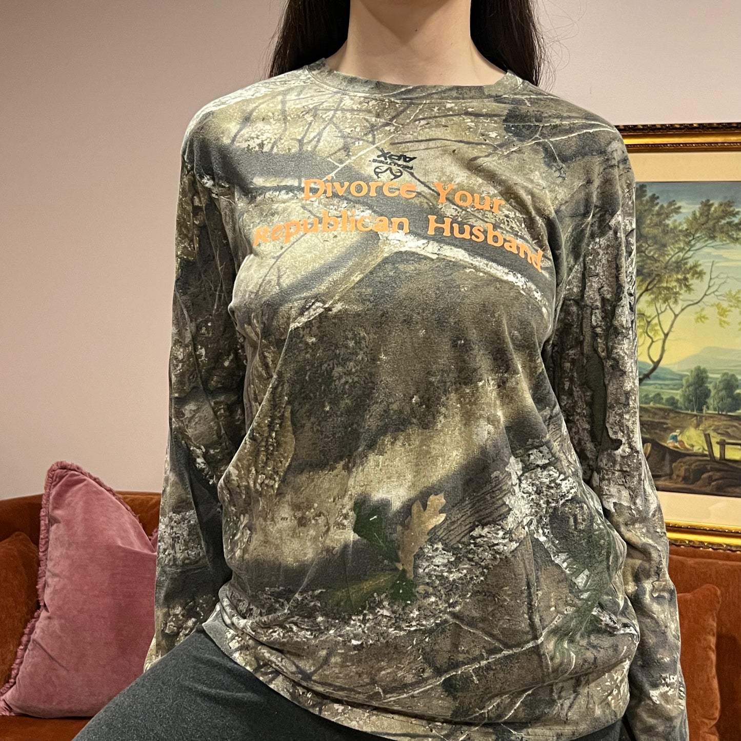 DIVORCE YOUR REPUBLICAN HUSBAND camo long sleeve t-shirt with orange text (M)