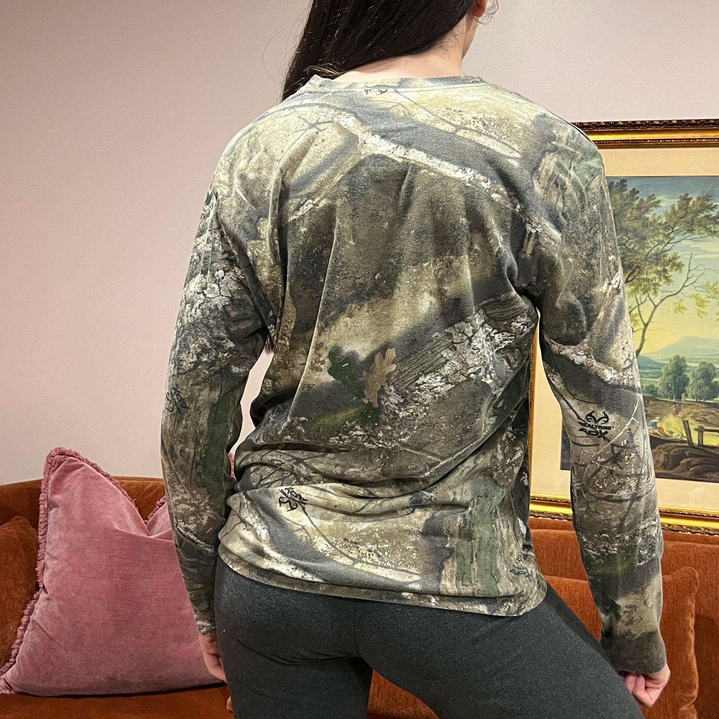 DIVORCE YOUR REPUBLICAN HUSBAND camo long sleeve t-shirt with orange text (M)