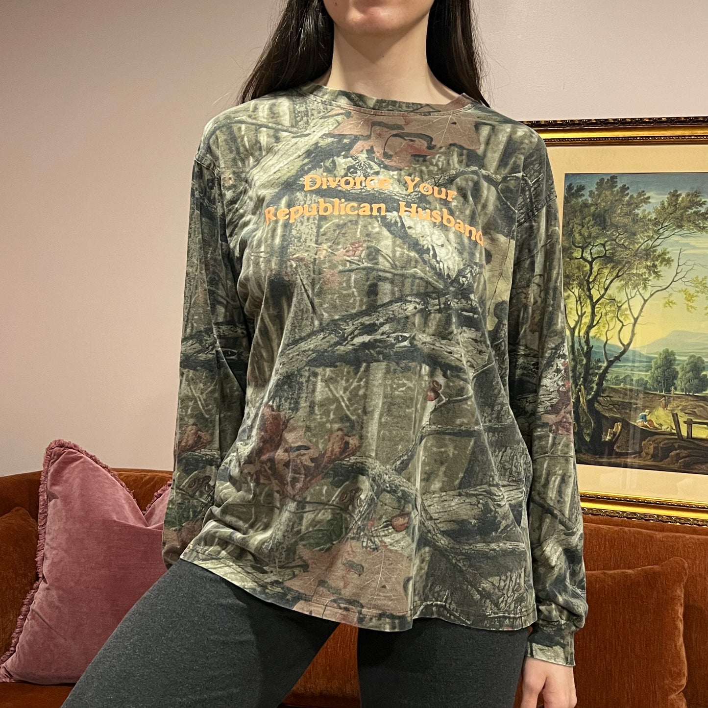 DIVORCE YOUR REPUBLICAN HUSBAND camo long sleeve t-shirt with orange text (L)