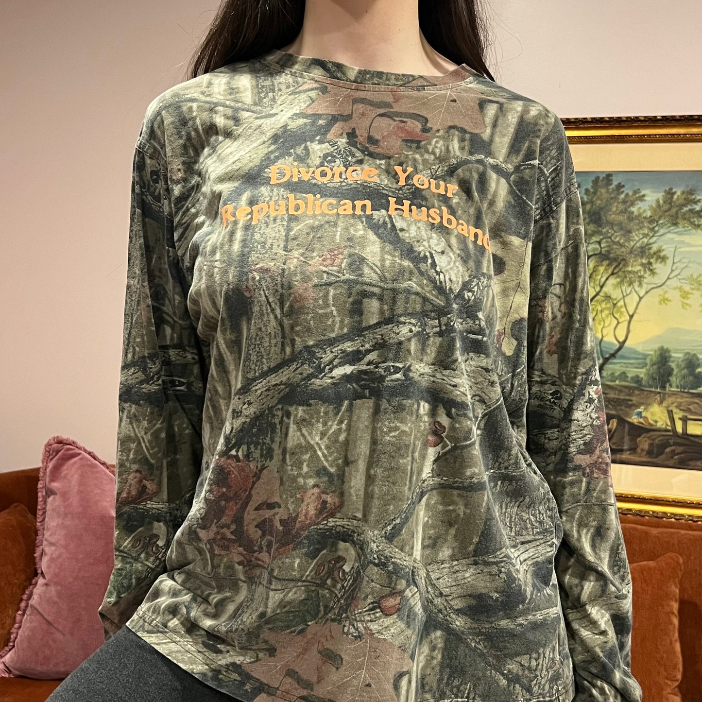 DIVORCE YOUR REPUBLICAN HUSBAND camo long sleeve t-shirt with orange text (L)