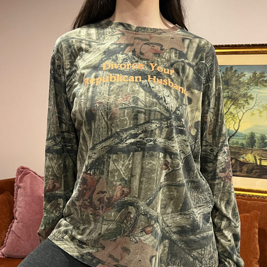 DIVORCE YOUR REPUBLICAN HUSBAND camo long sleeve t-shirt with orange text (L)