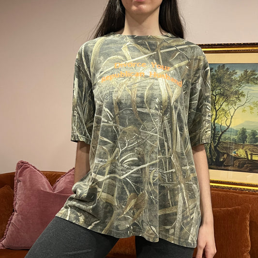 DIVORCE YOUR REPUBLICAN HUSBAND camo t-shirt with orange text (2XL)