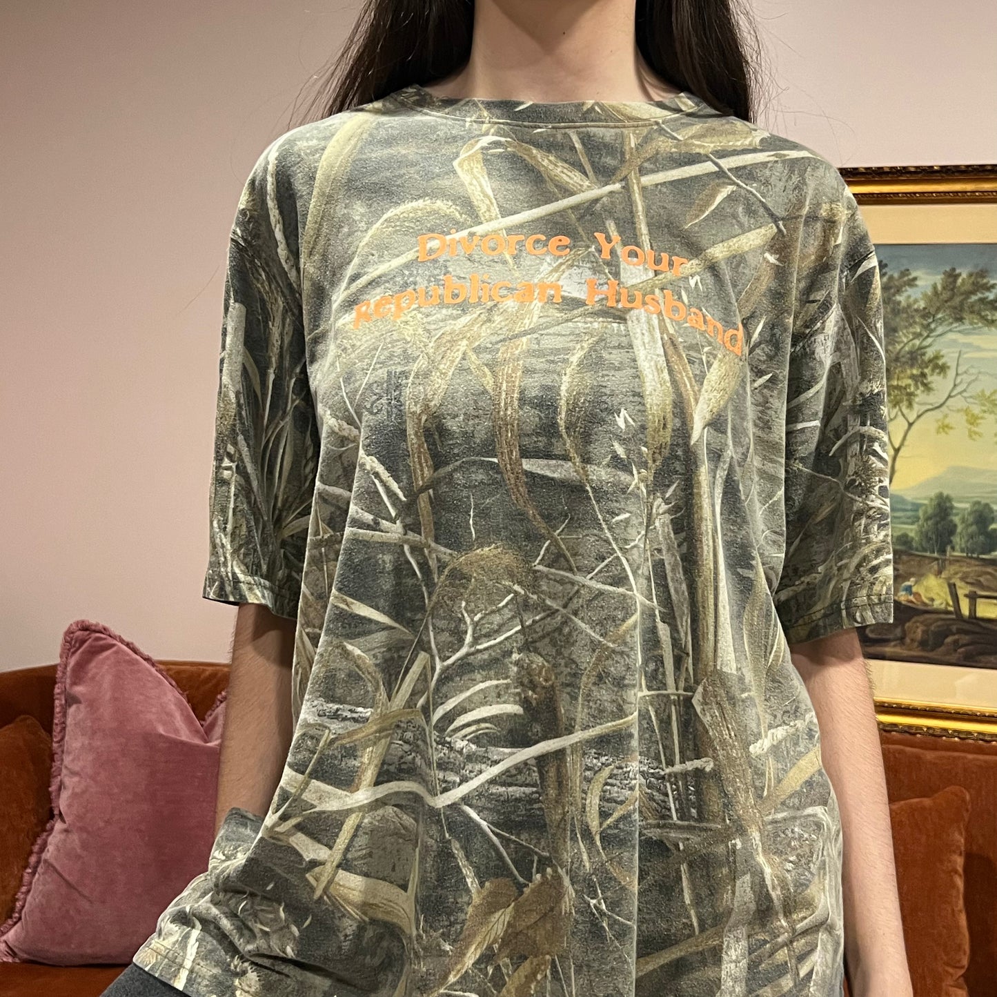 DIVORCE YOUR REPUBLICAN HUSBAND camo t-shirt with orange text (2XL)