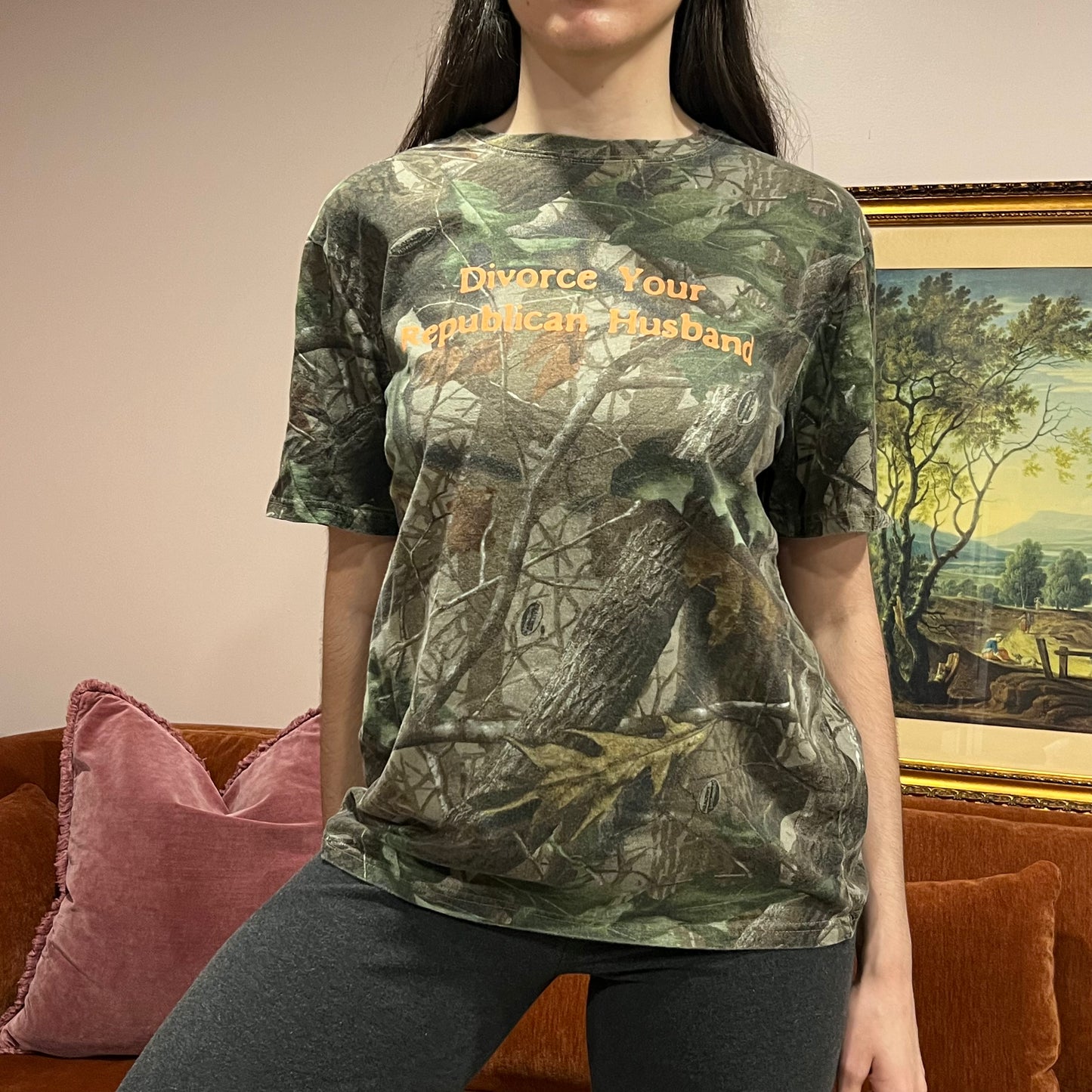 DIVORCE YOUR REPUBLICAN HUSBAND camo t-shirt with orange text (M)