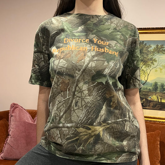 DIVORCE YOUR REPUBLICAN HUSBAND camo t-shirt with orange text (M)