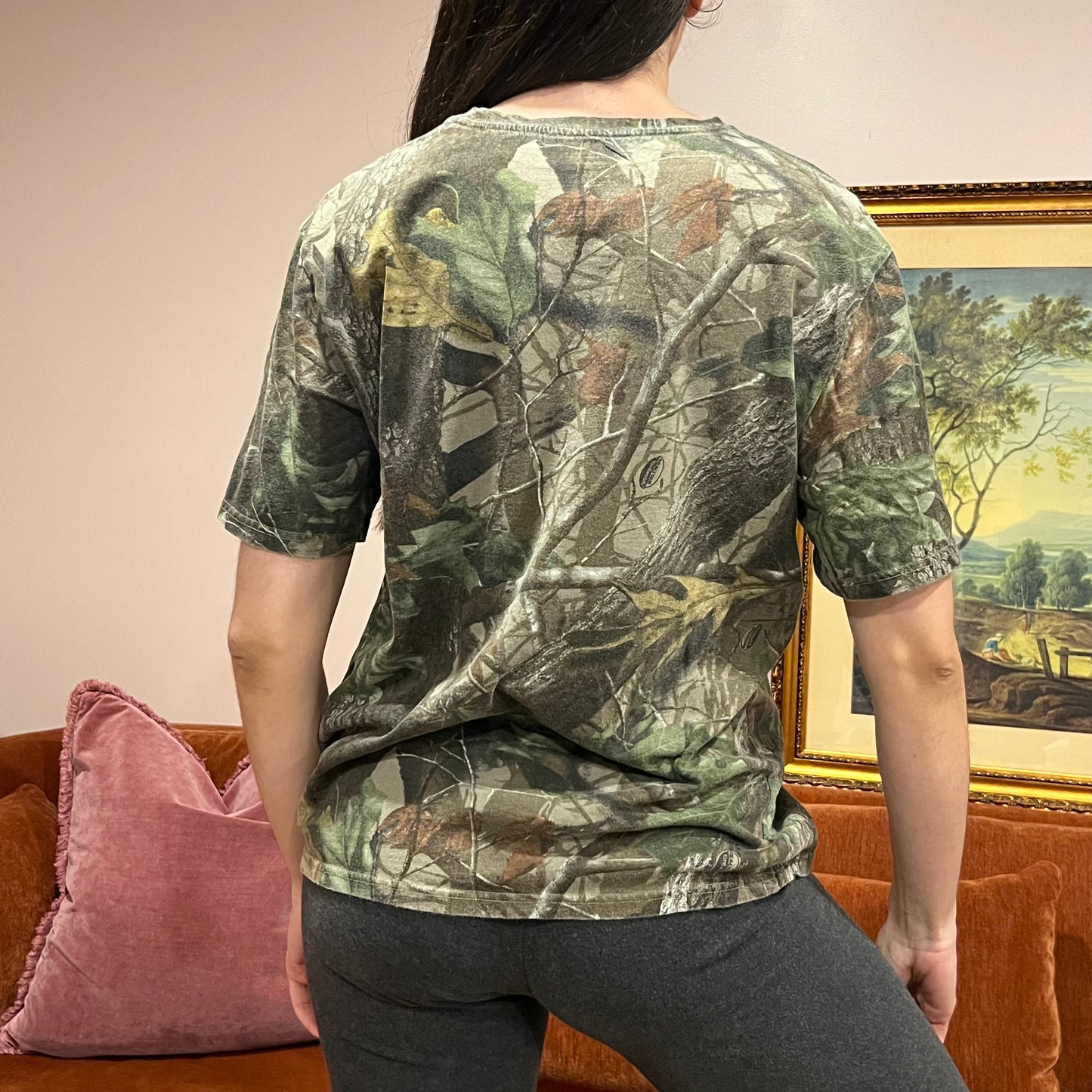 DIVORCE YOUR REPUBLICAN HUSBAND camo t-shirt with orange text (M)