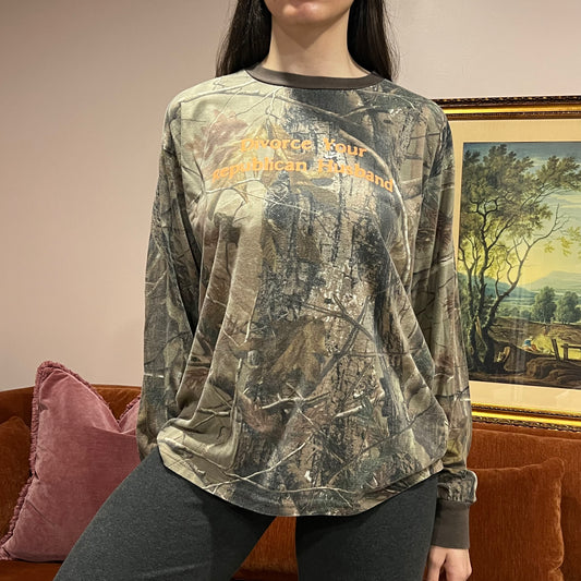 DIVORCE YOUR REPUBLICAN HUSBAND camo long sleeve t-shirt with orange text (XL)