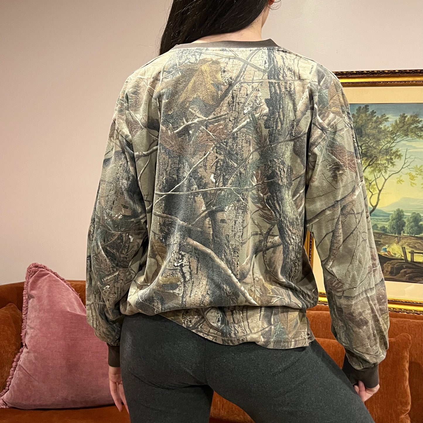 DIVORCE YOUR REPUBLICAN HUSBAND camo long sleeve t-shirt with orange text (XL)
