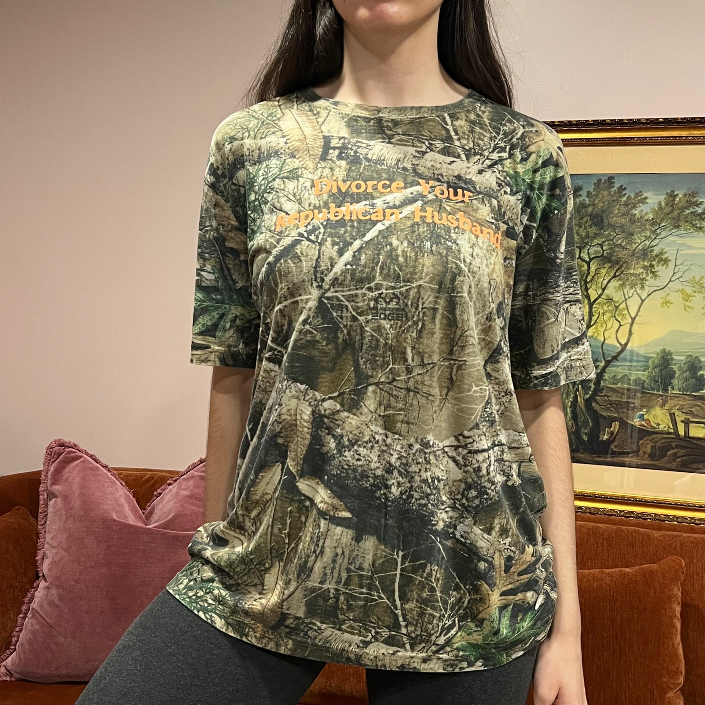 DIVORCE YOUR REPUBLICAN HUSBAND camo t-shirt with orange text (L)