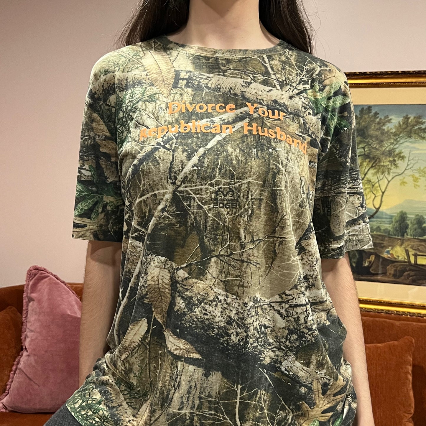 DIVORCE YOUR REPUBLICAN HUSBAND camo t-shirt with orange text (L)