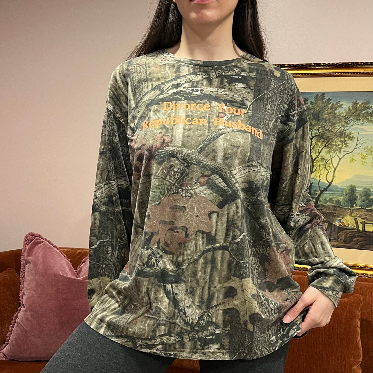 DIVORCE YOUR REPUBLICAN HUSBAND camo long sleeve t-shirt with orange text (XL)