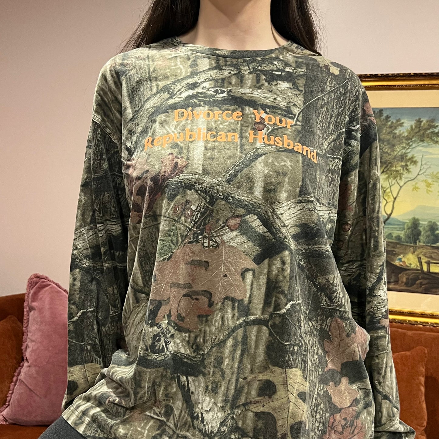 DIVORCE YOUR REPUBLICAN HUSBAND camo long sleeve t-shirt with orange text (XL)