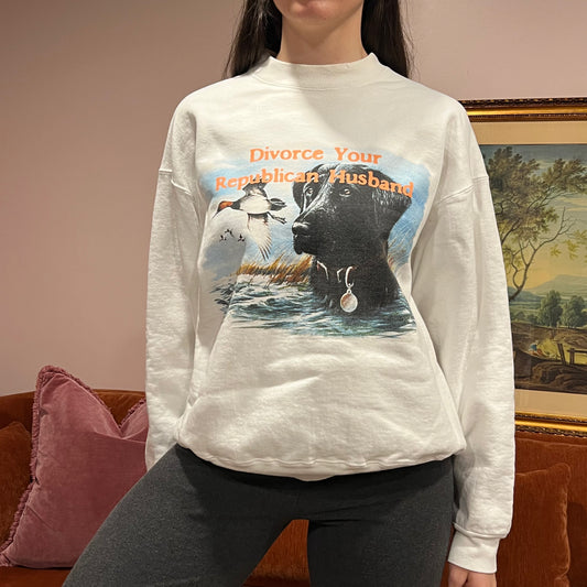 DIVORCE YOUR REPUBLICAN HUSBAND duck crewneck with orange text (L)