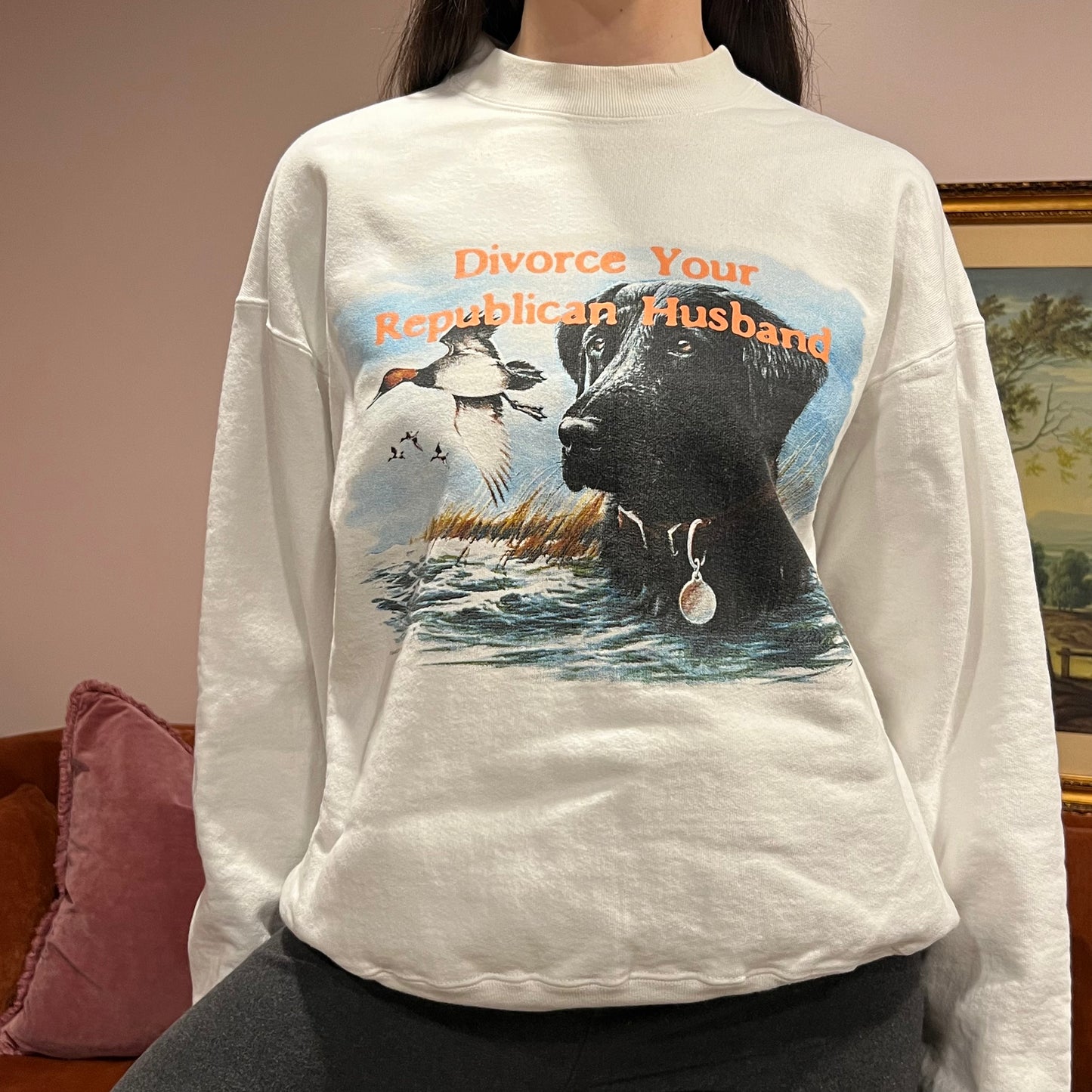DIVORCE YOUR REPUBLICAN HUSBAND duck crewneck with orange text (L)