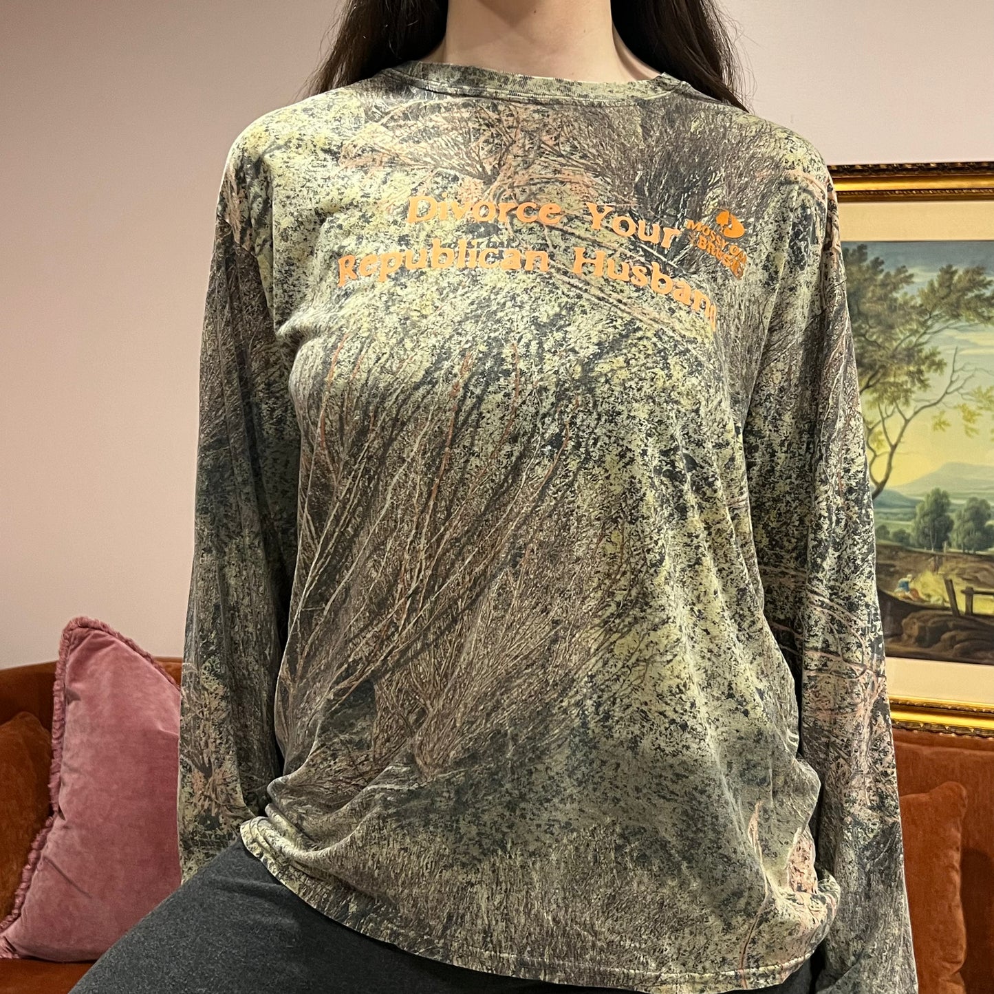DIVORCE YOUR REPUBLICAN HUSBAND camo long sleeve t-shirt with orange text (L)