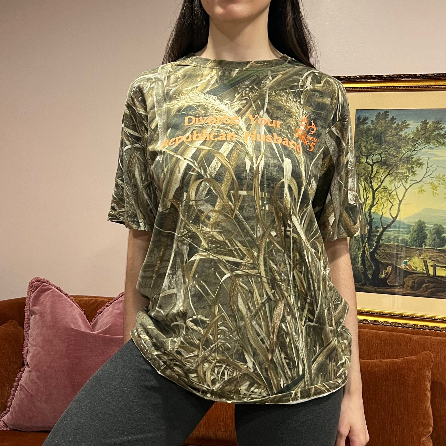 DIVORCE YOUR REPUBLICAN HUSBAND camo t-shirt with orange text (L)