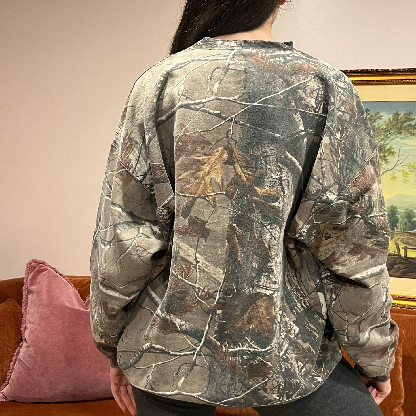 DIVORCE YOUR REPUBLICAN HUSBAND camo crewneck with orange text (2XL)