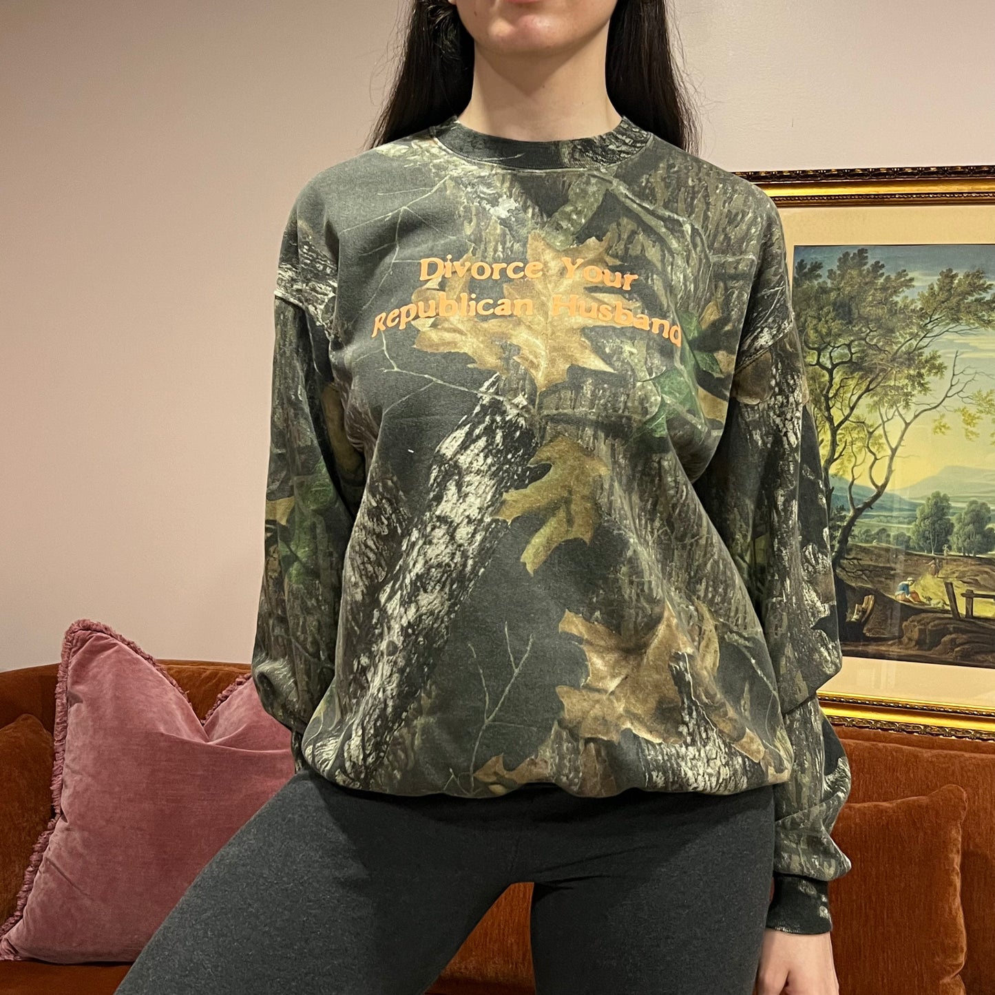 DIVORCE YOUR REPUBLICAN HUSBAND camo crewneck with orange text (L)