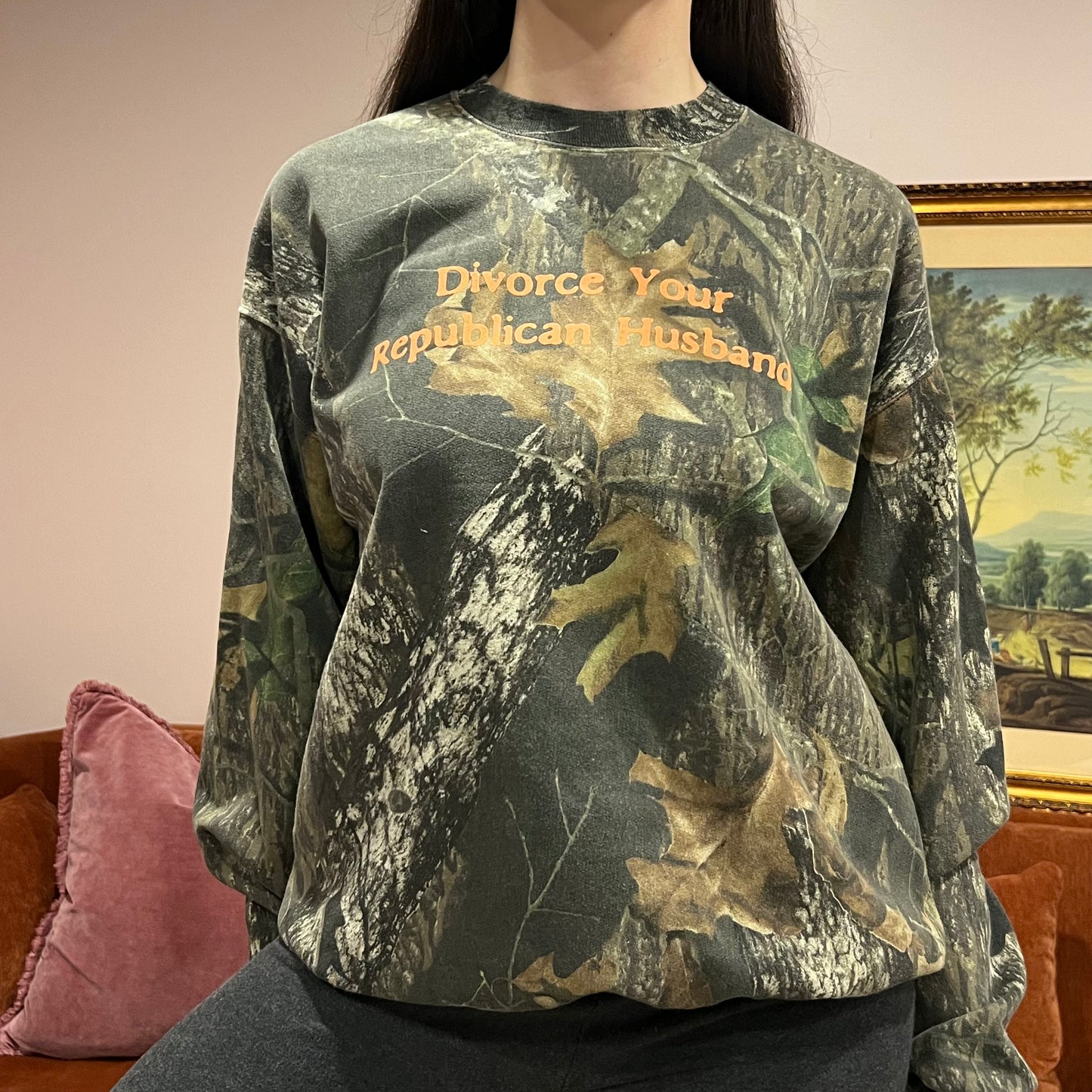 DIVORCE YOUR REPUBLICAN HUSBAND camo crewneck with orange text (L)