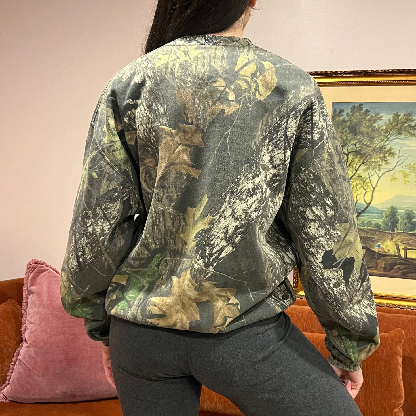 DIVORCE YOUR REPUBLICAN HUSBAND camo crewneck with orange text (L)