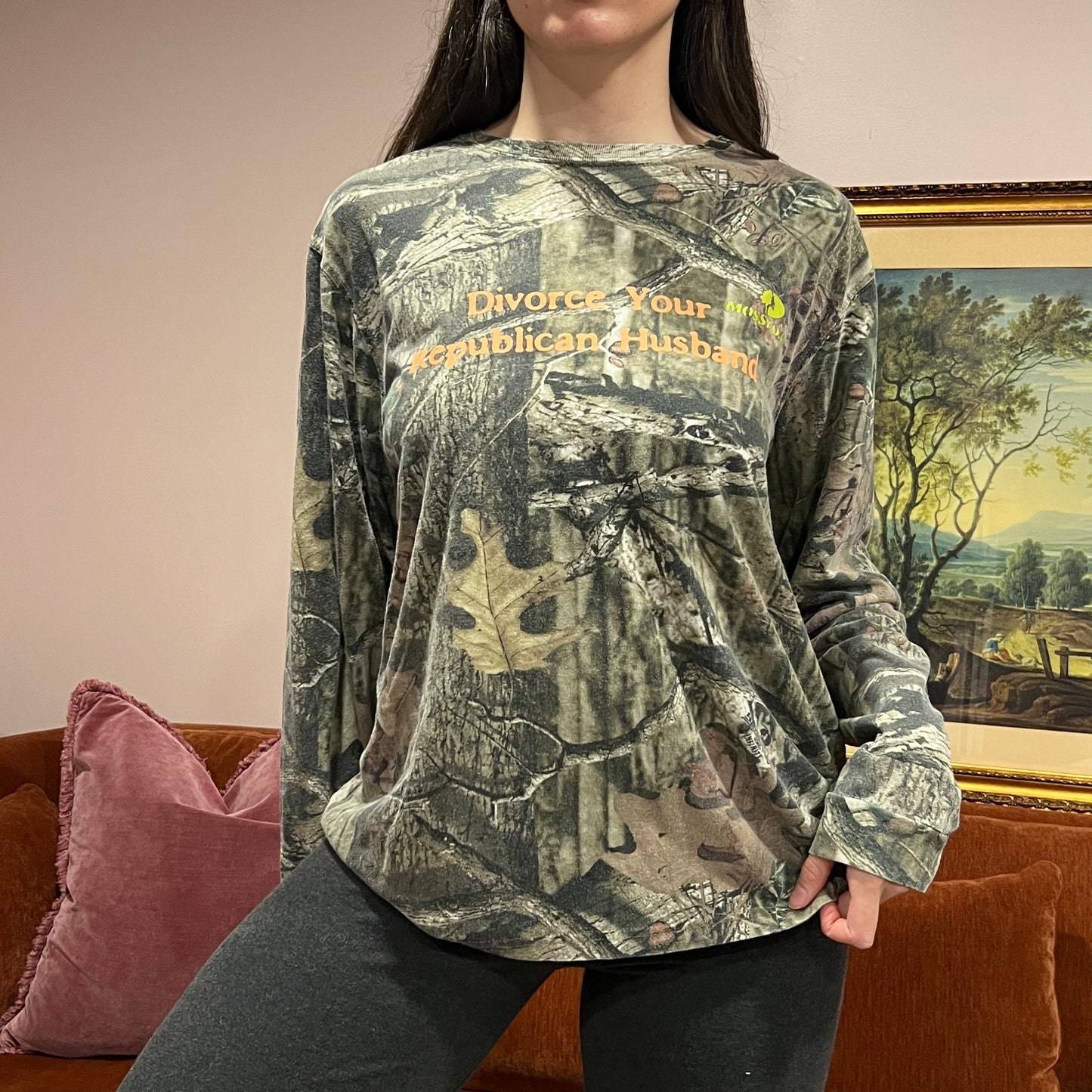 DIVORCE YOUR REPUBLICAN HUSBAND camo long sleeve t-shirt with orange text (L)