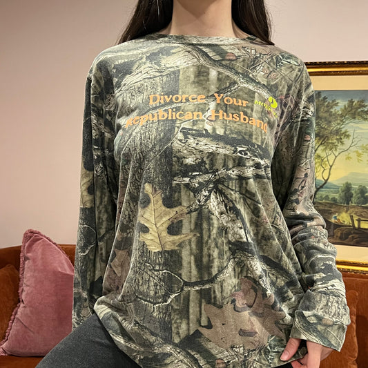 DIVORCE YOUR REPUBLICAN HUSBAND camo long sleeve t-shirt with orange text (L)