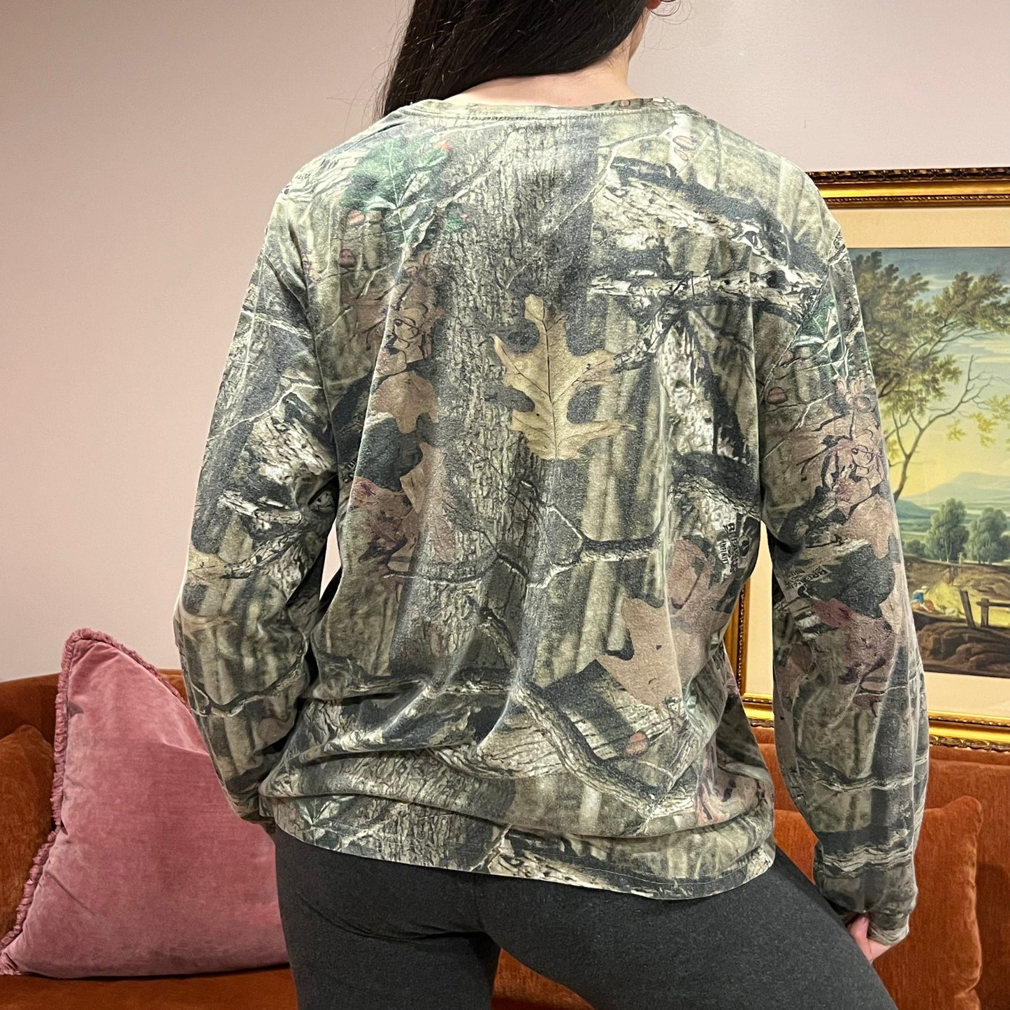 DIVORCE YOUR REPUBLICAN HUSBAND camo long sleeve t-shirt with orange text (L)