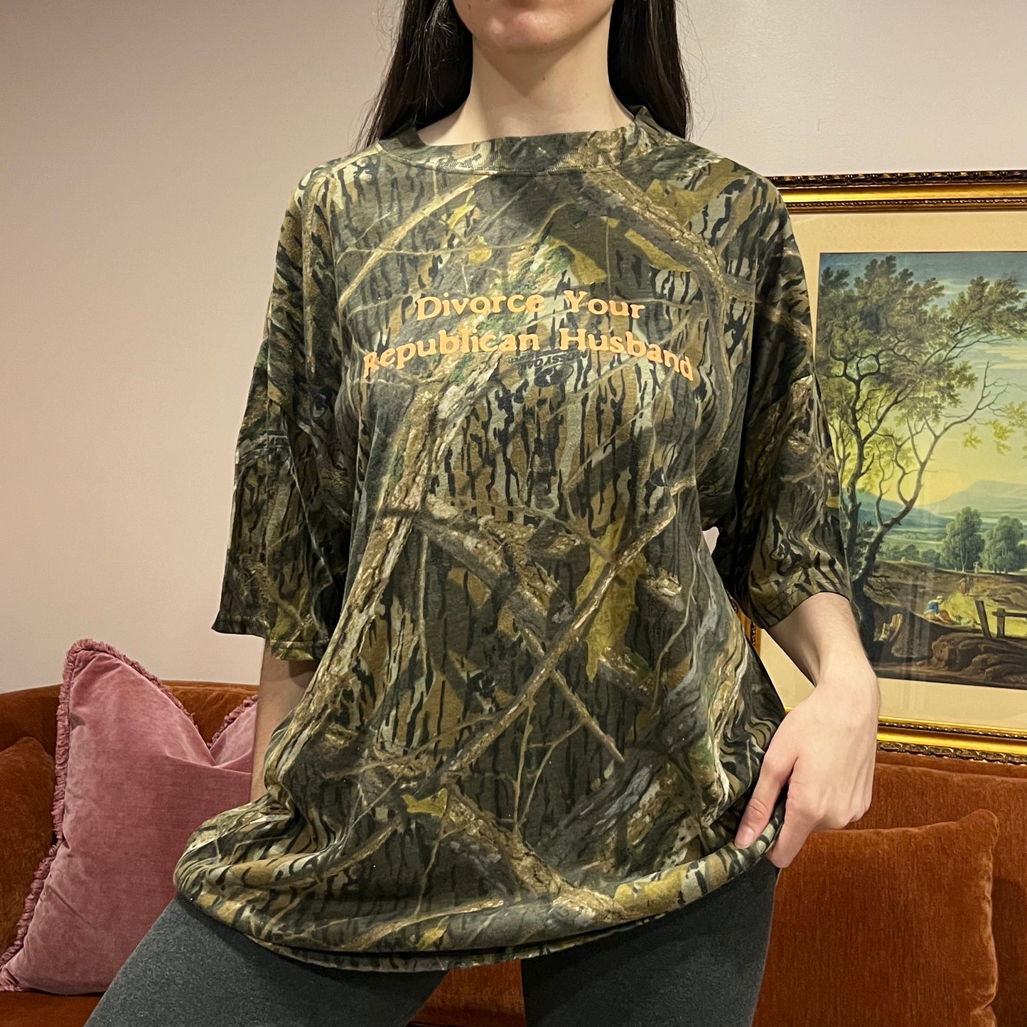 DIVORCE YOUR REPUBLICAN HUSBAND camo t-shirt with orange text (3XL)