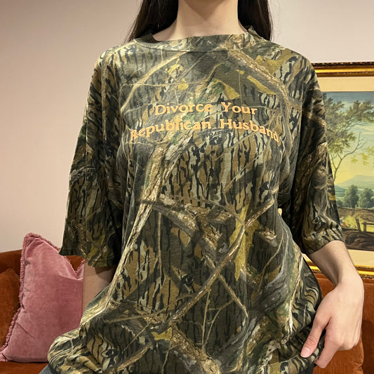 DIVORCE YOUR REPUBLICAN HUSBAND camo t-shirt with orange text (3XL)