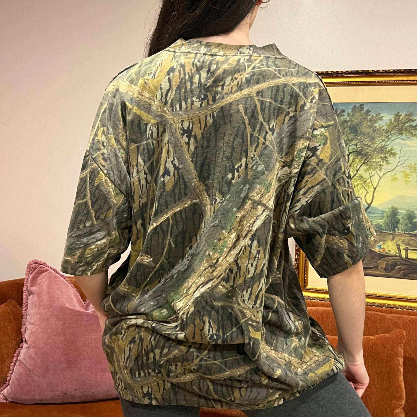 DIVORCE YOUR REPUBLICAN HUSBAND camo t-shirt with orange text (3XL)