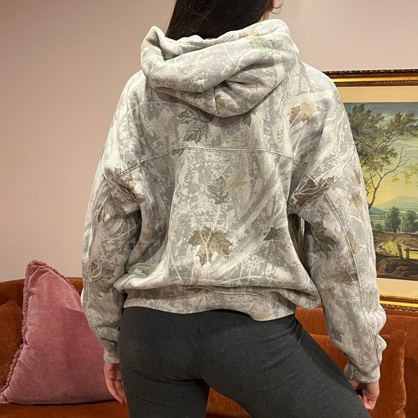 DIVORCE YOUR REPUBLICAN HUSBAND white camo hoodie with orange text (M)
