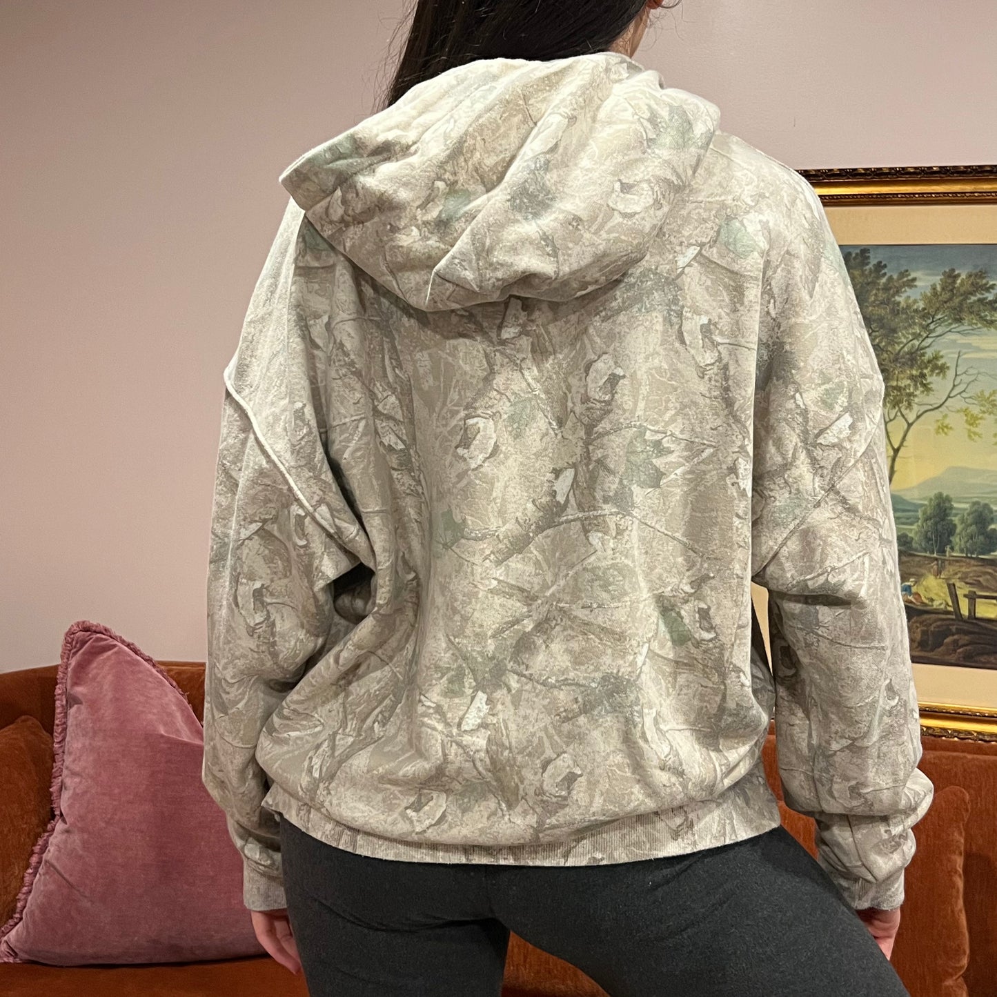DIVORCE YOUR REPUBLICAN HUSBAND white camo hoodie with orange text (L)