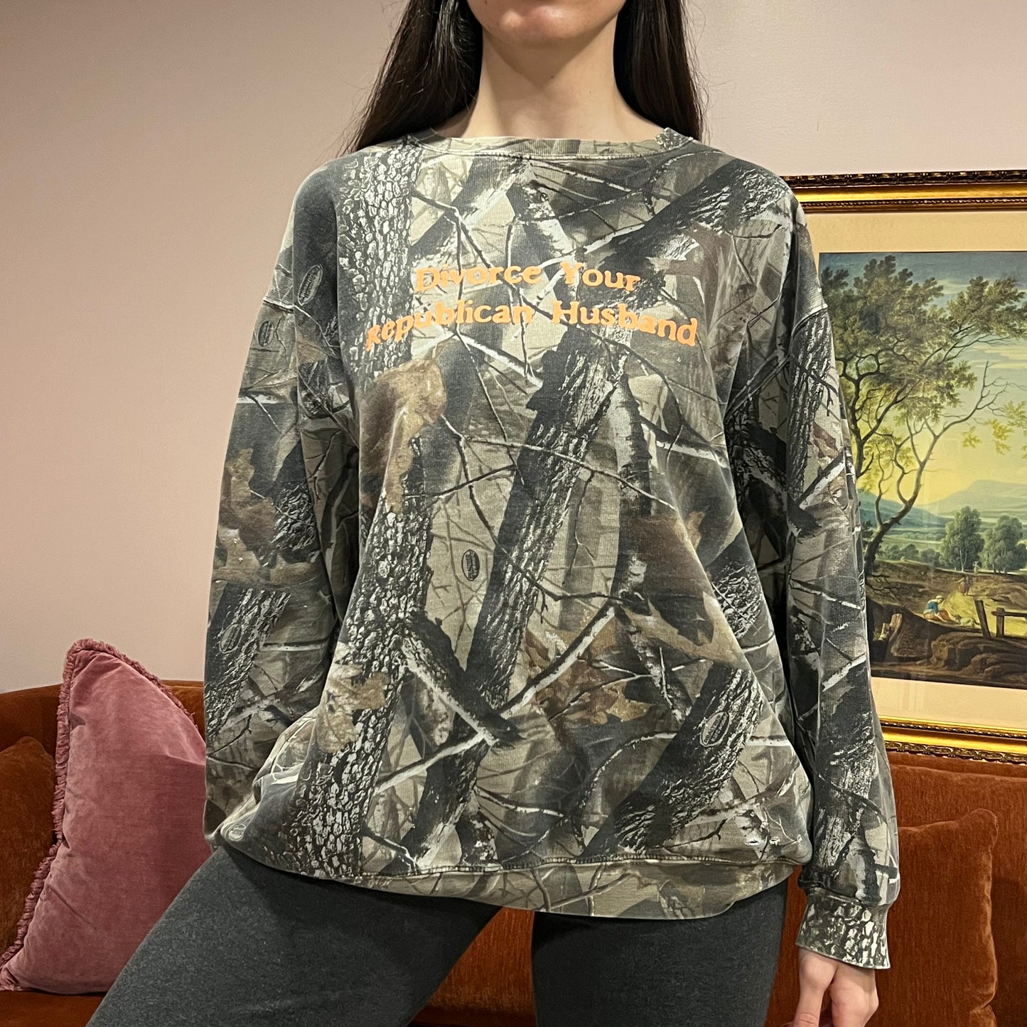 DIVORCE YOUR REPUBLICAN HUSBAND camo crewneck with orange text (2XL)