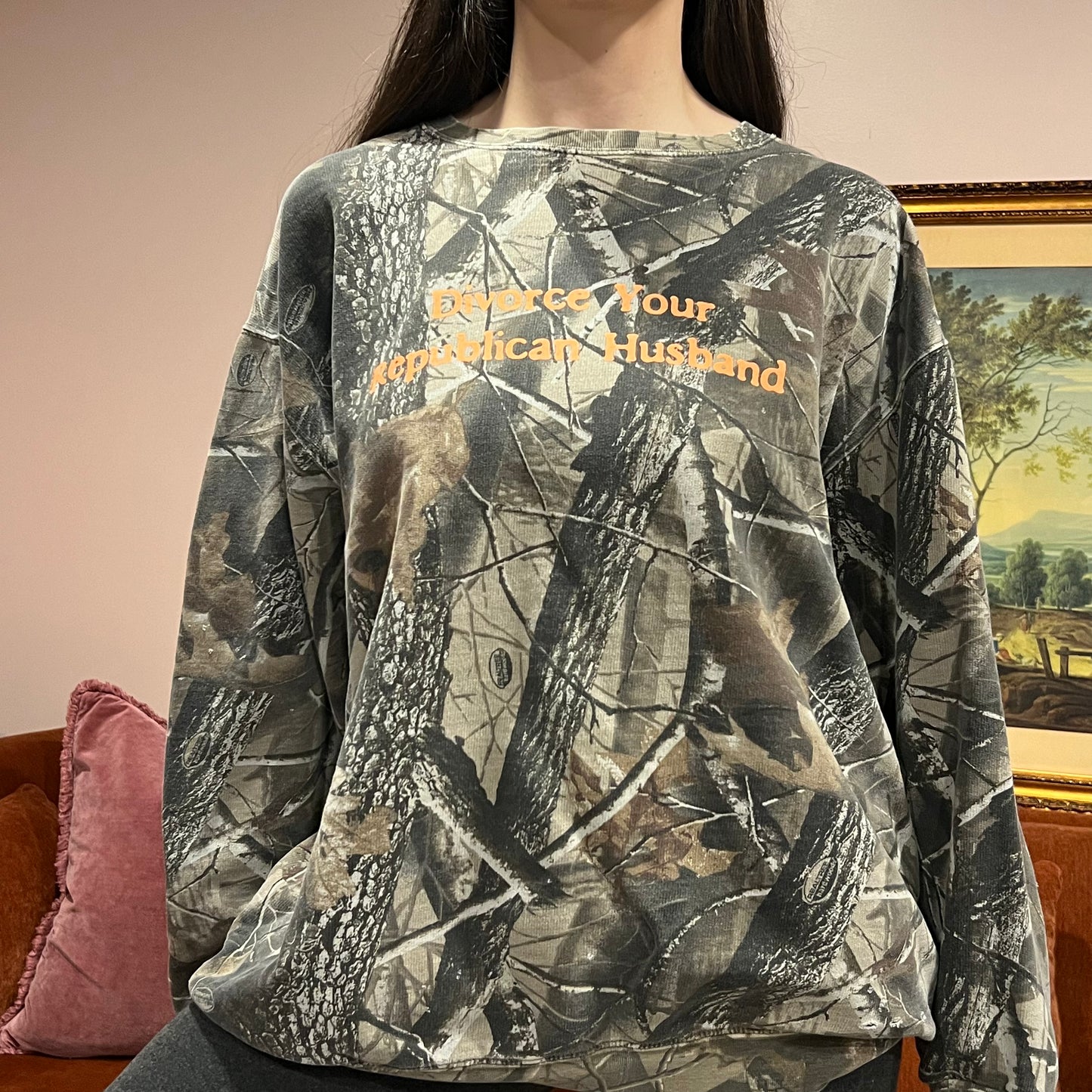 DIVORCE YOUR REPUBLICAN HUSBAND camo crewneck with orange text (2XL)