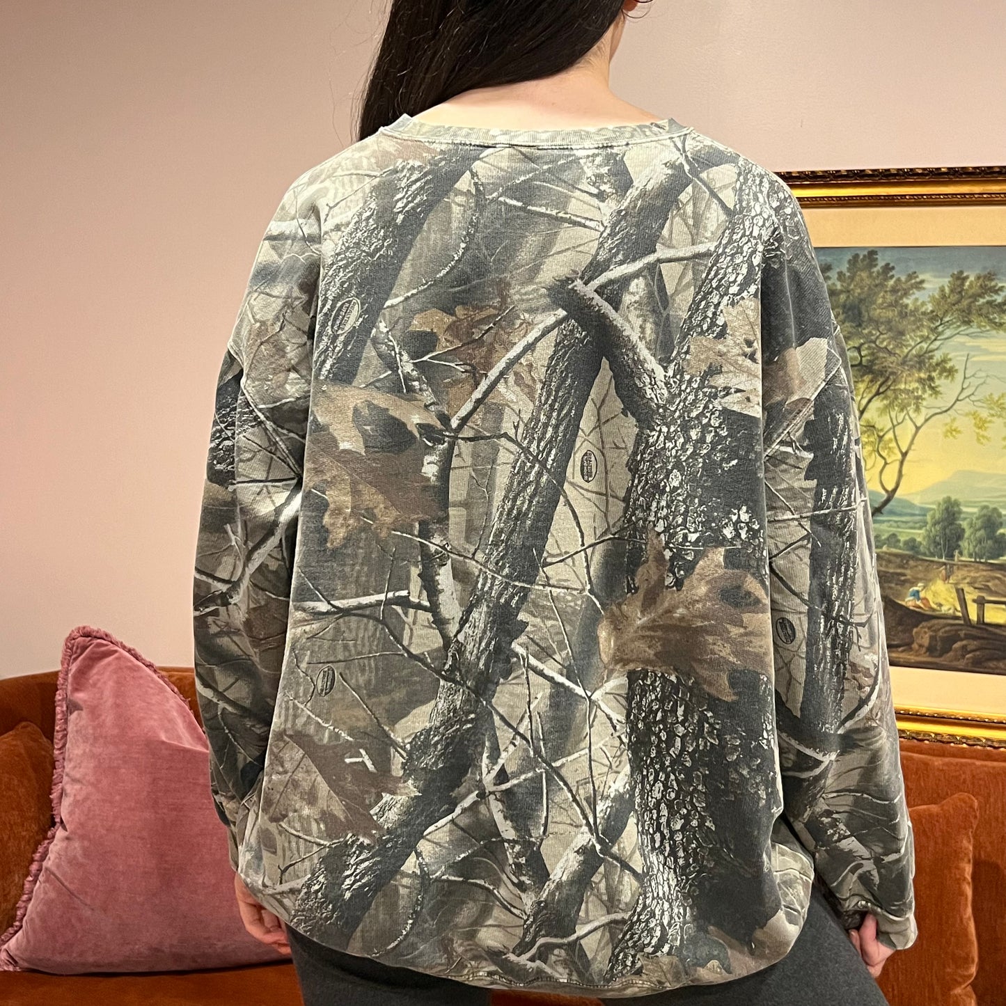 DIVORCE YOUR REPUBLICAN HUSBAND camo crewneck with orange text (2XL)