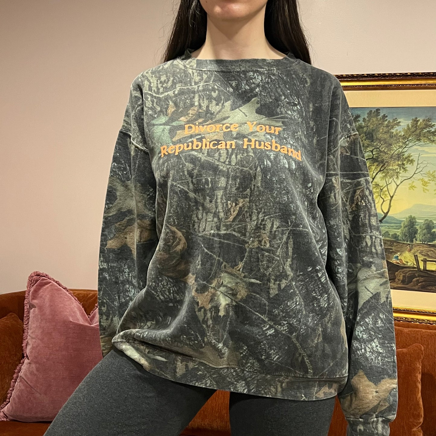 DIVORCE YOUR REPUBLICAN HUSBAND camo crewneck with orange text (XL)