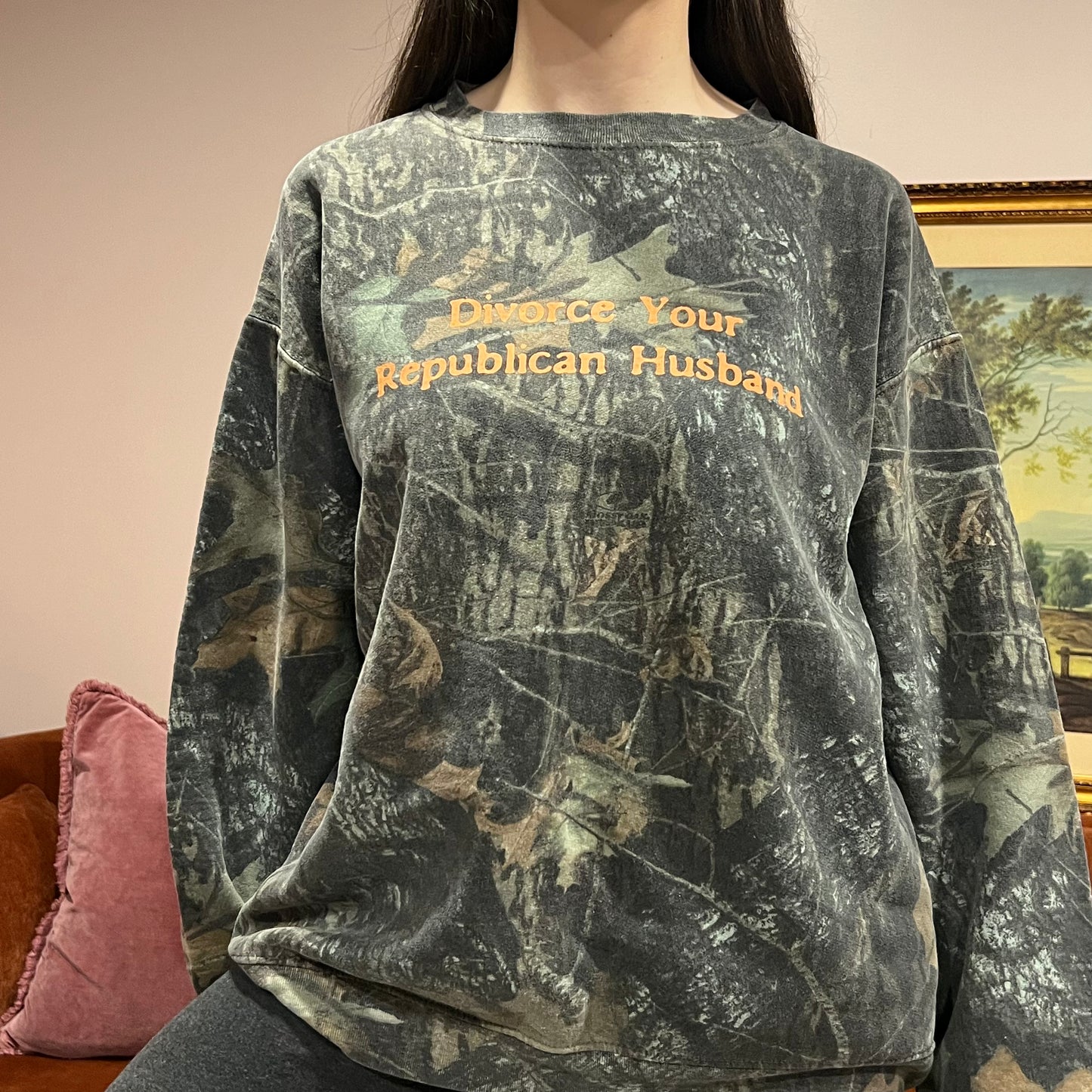 DIVORCE YOUR REPUBLICAN HUSBAND camo crewneck with orange text (XL)