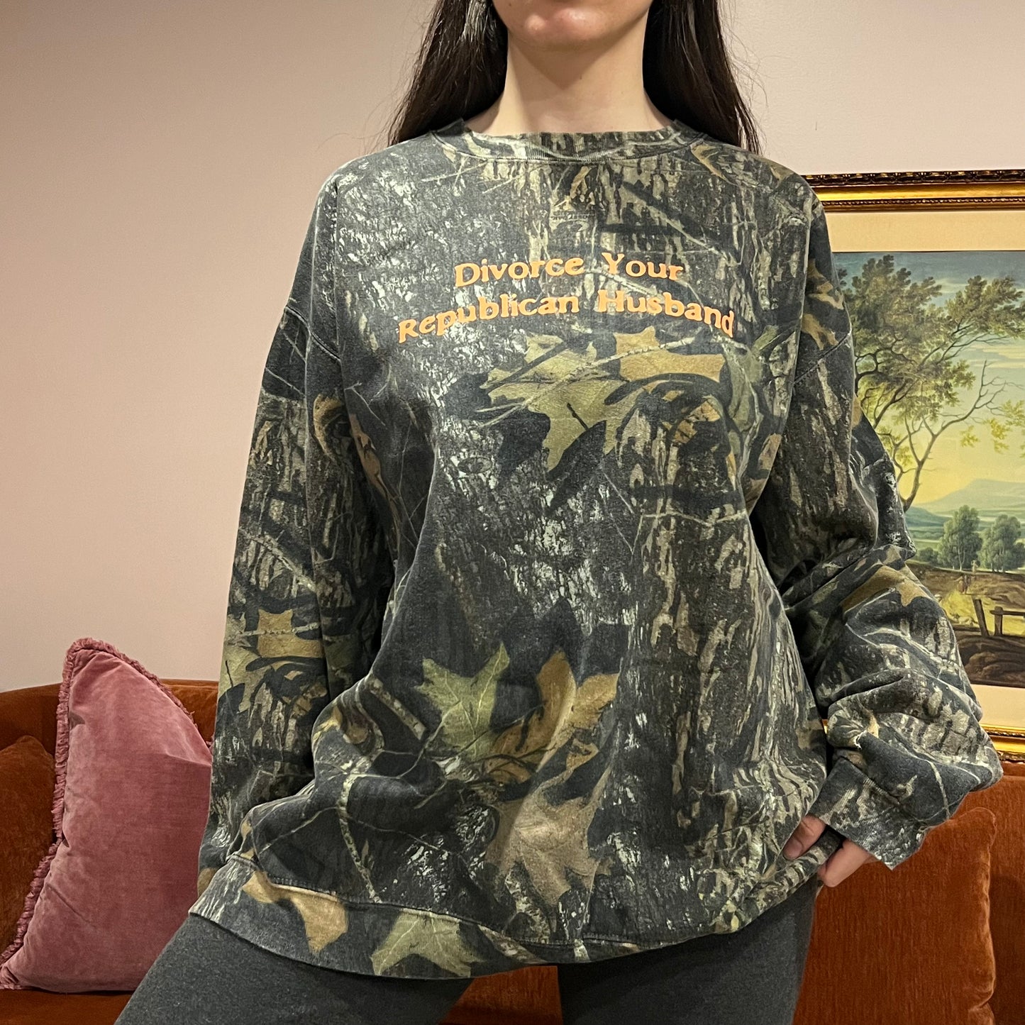 DIVORCE YOUR REPUBLICAN HUSBAND camo crewneck with orange text (3XL)