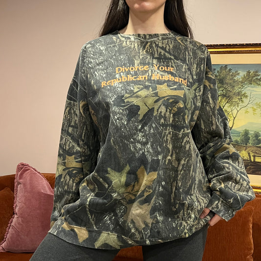DIVORCE YOUR REPUBLICAN HUSBAND camo crewneck with orange text (3XL)