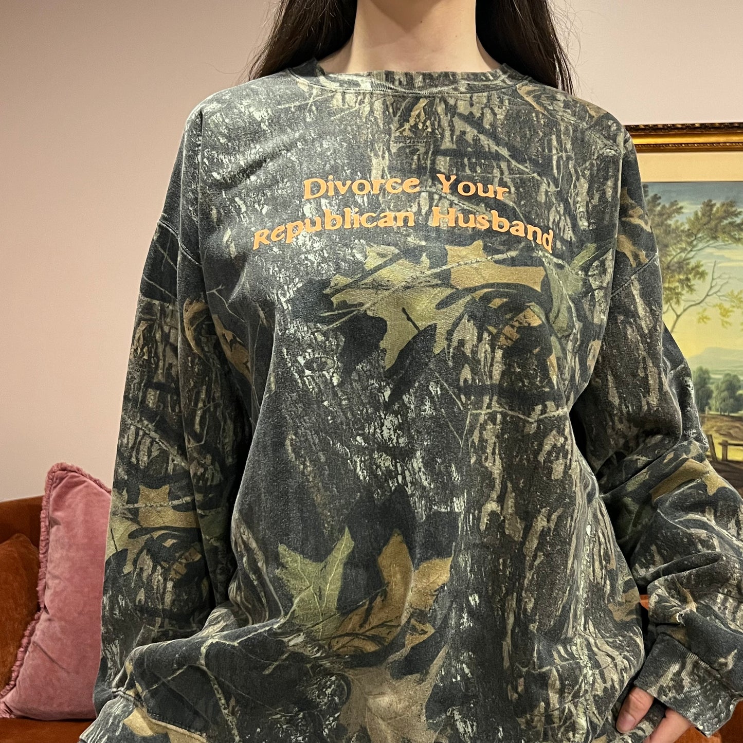 DIVORCE YOUR REPUBLICAN HUSBAND camo crewneck with orange text (3XL)