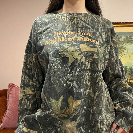 DIVORCE YOUR REPUBLICAN HUSBAND camo crewneck with orange text (3XL)