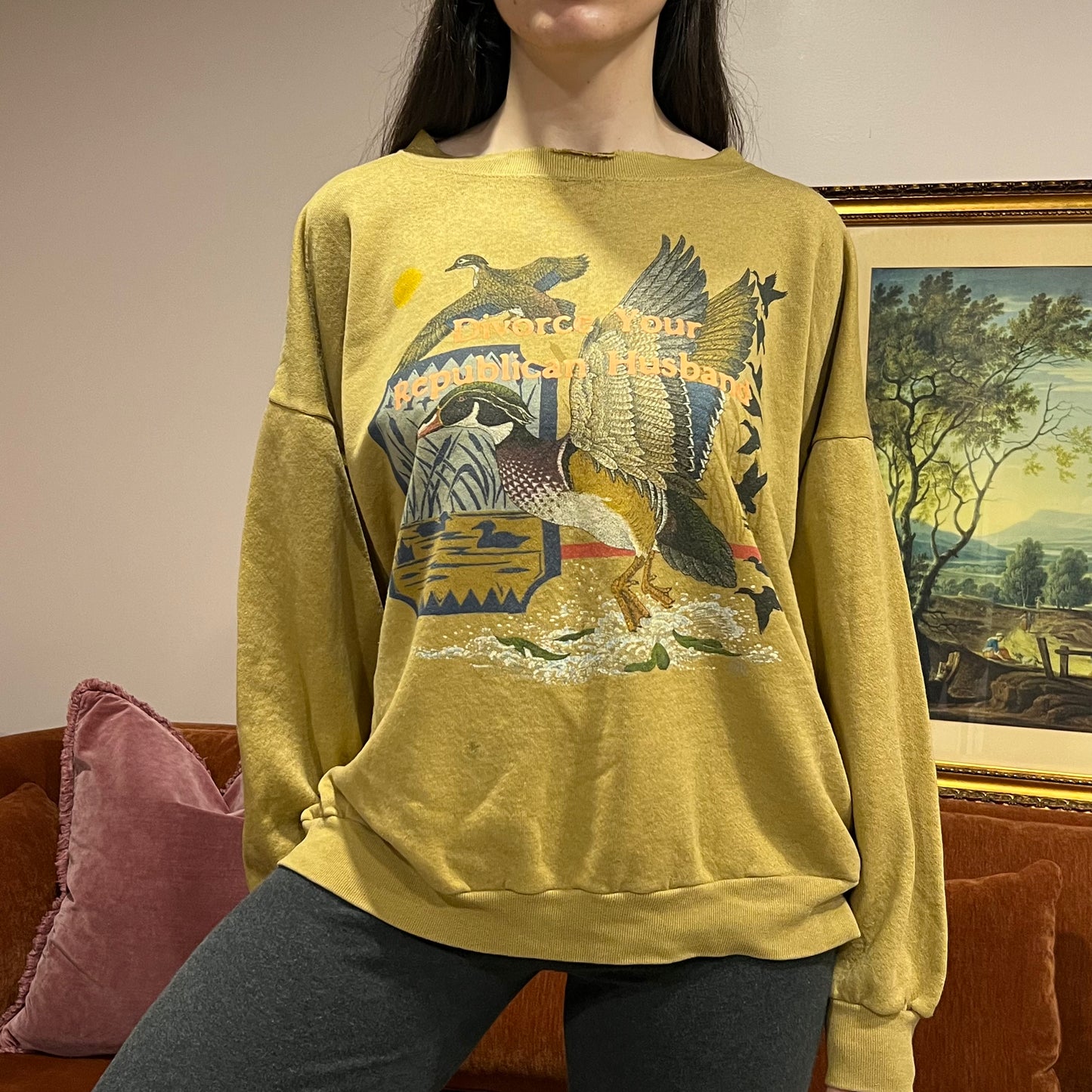 DIVORCE YOUR REPUBLICAN HUSBAND duck crewneck with orange text (2XL)